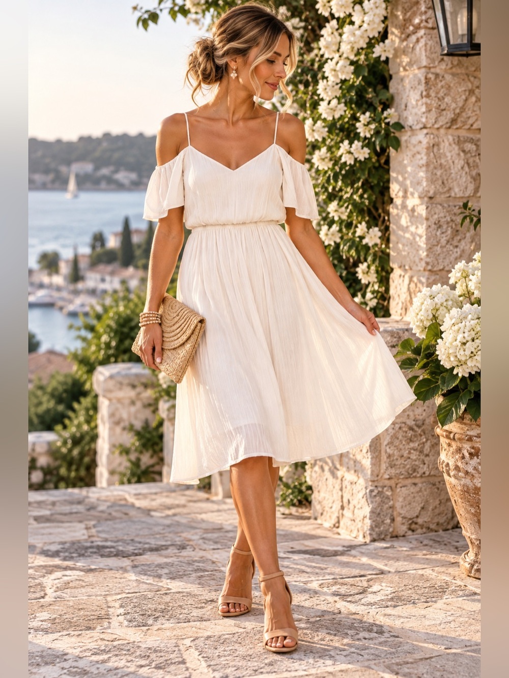 Express Ivory Cold Shoulder Knee Length Dress XS Coastal Resort Romantic